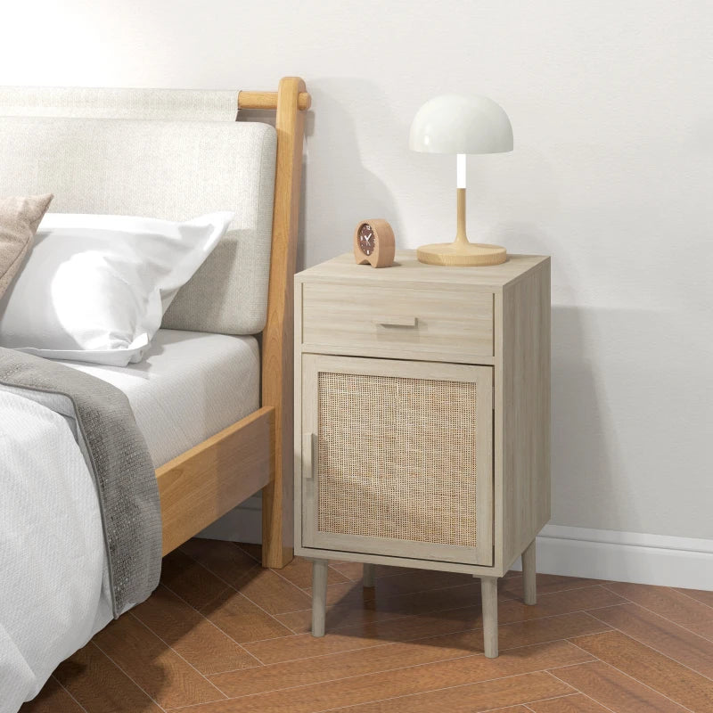 Boho Nightstands with Rattan Cabinet and Adjustable Shelf, Oak (Set of 2)