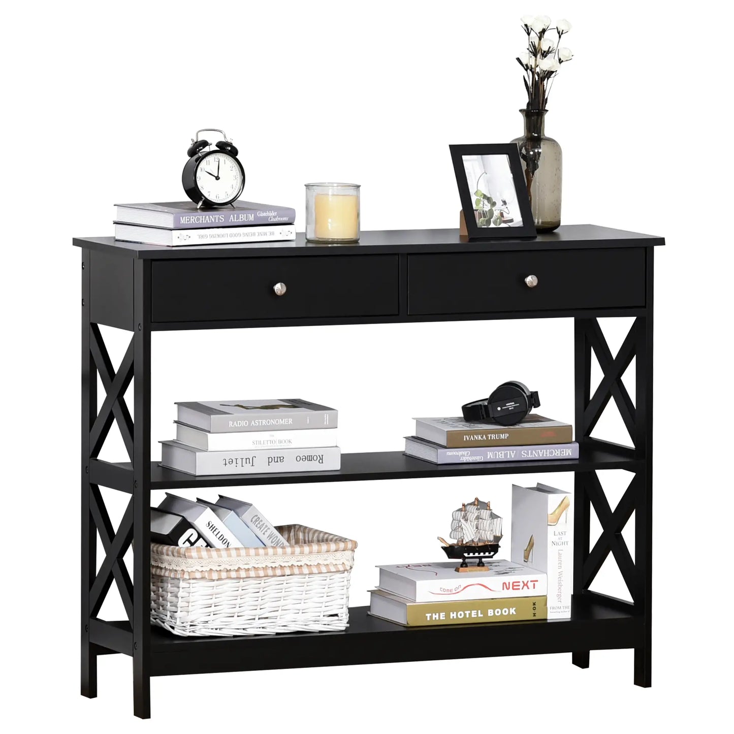 39" Console Table with X-Frame Design and Storage Drawers, Black
