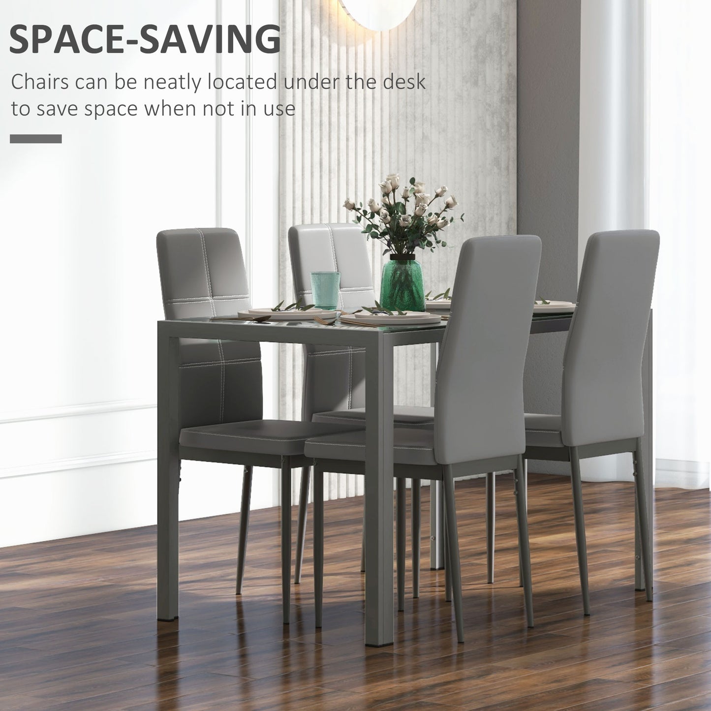 5-Piece Grey Glass Dining Table Set with Faux Leather Chairs