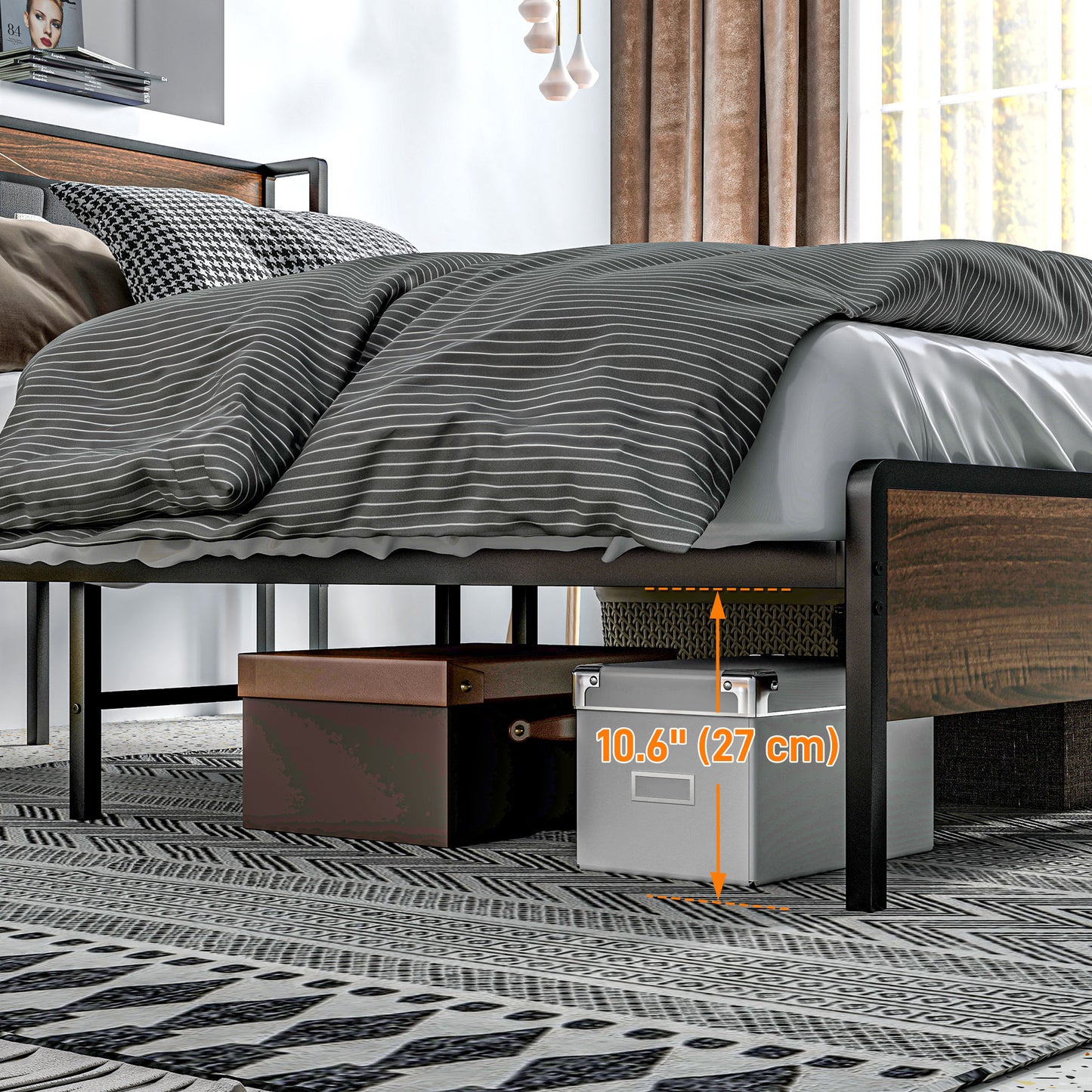 Full Size Bed Frame with Upholstered Headboard and Charging Station