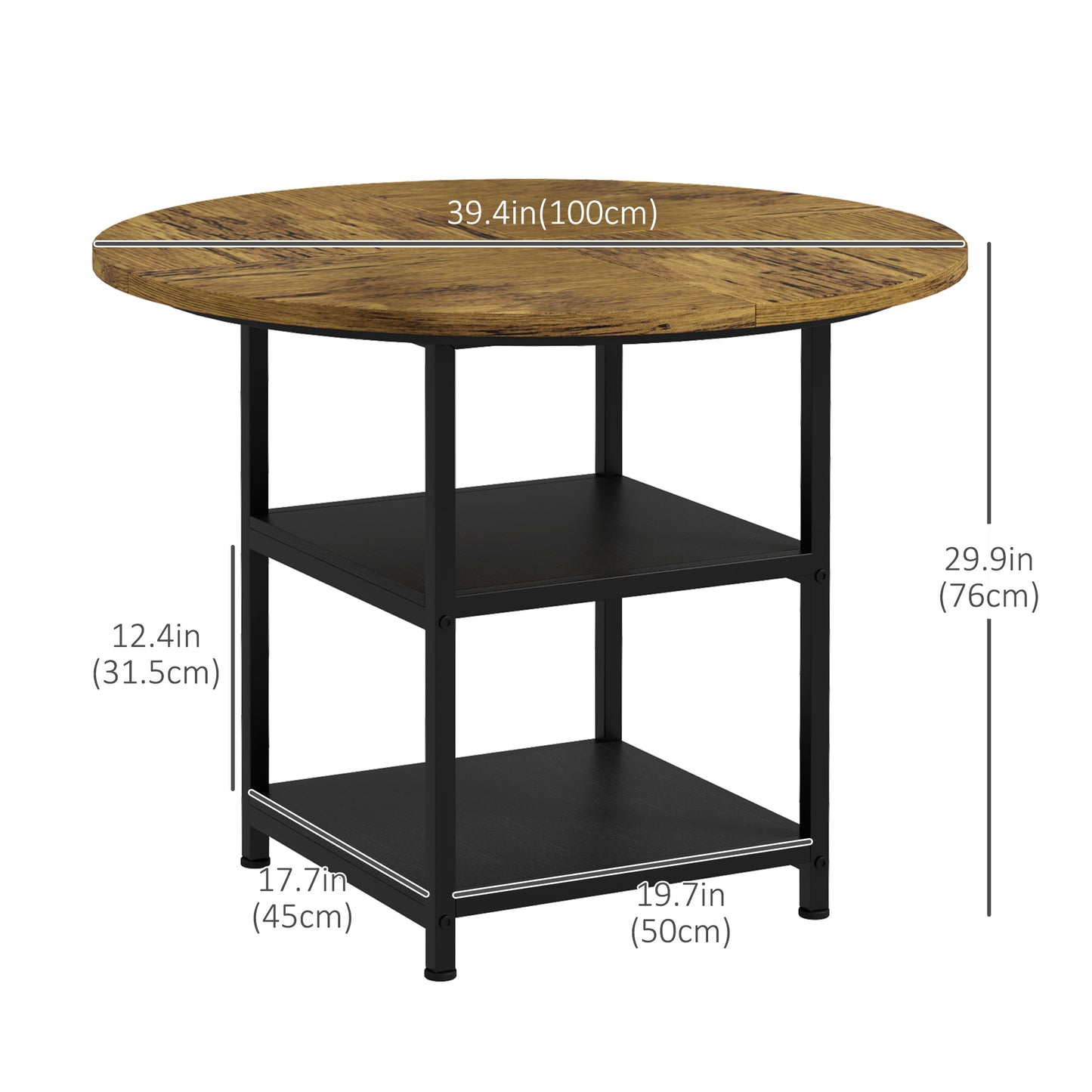 39" Round Industrial Dining Table with Storage Shelves for 4-6 People, Rustic Brown