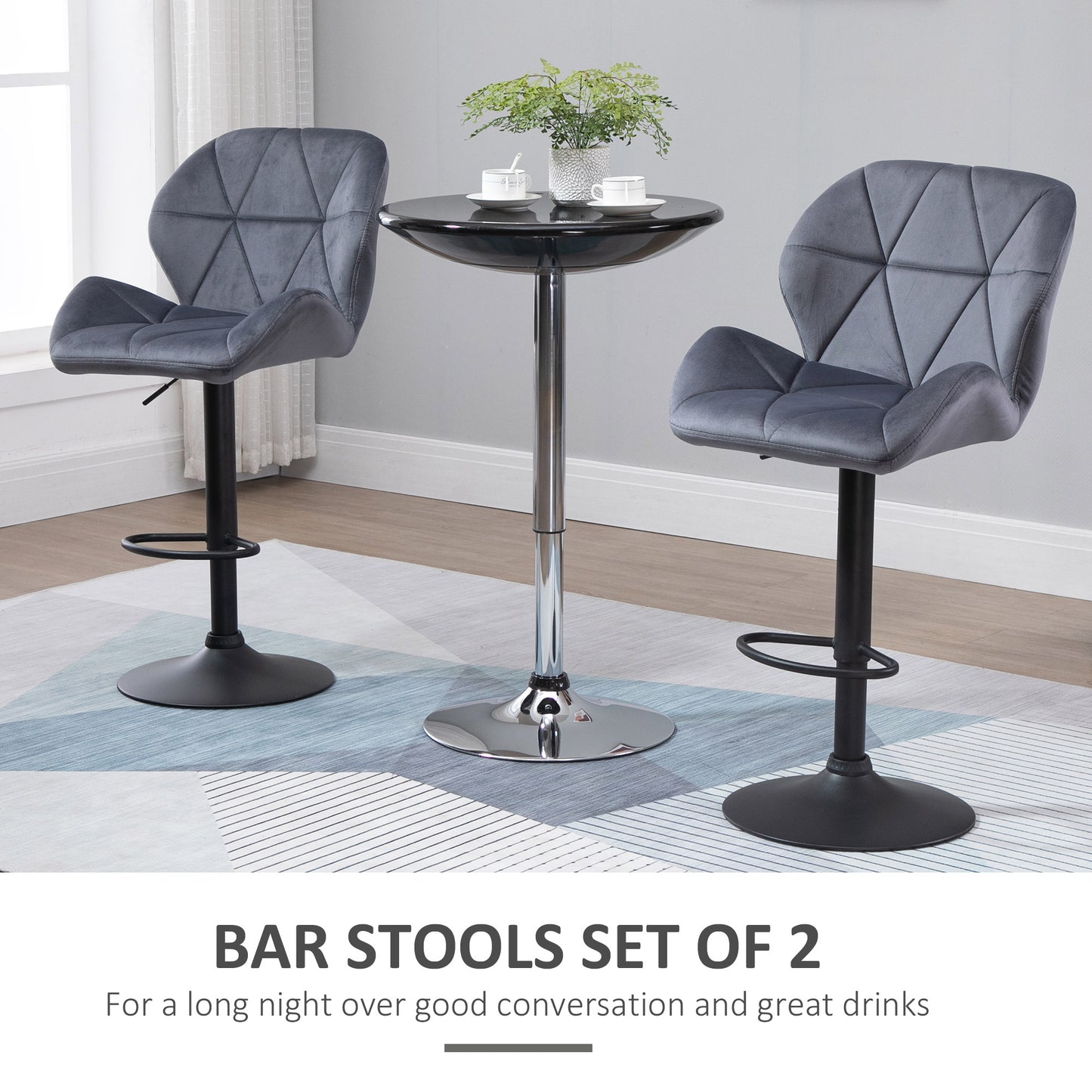 Velvet-Touch Adjustable Height Bar Stools with Diamond Tufting, Gray (Set of 2)