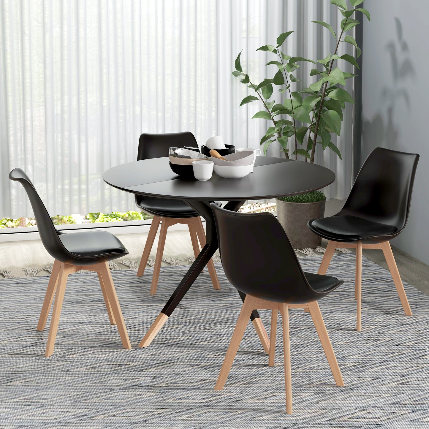 Modern Dining Chairs Set of 4 with PU Leather Cushions - Black