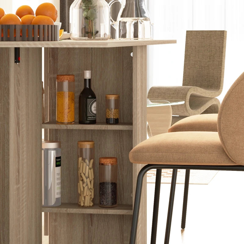 Extendable Dining Table with Storage Shelves and Rolling Wheels - Natural Wood