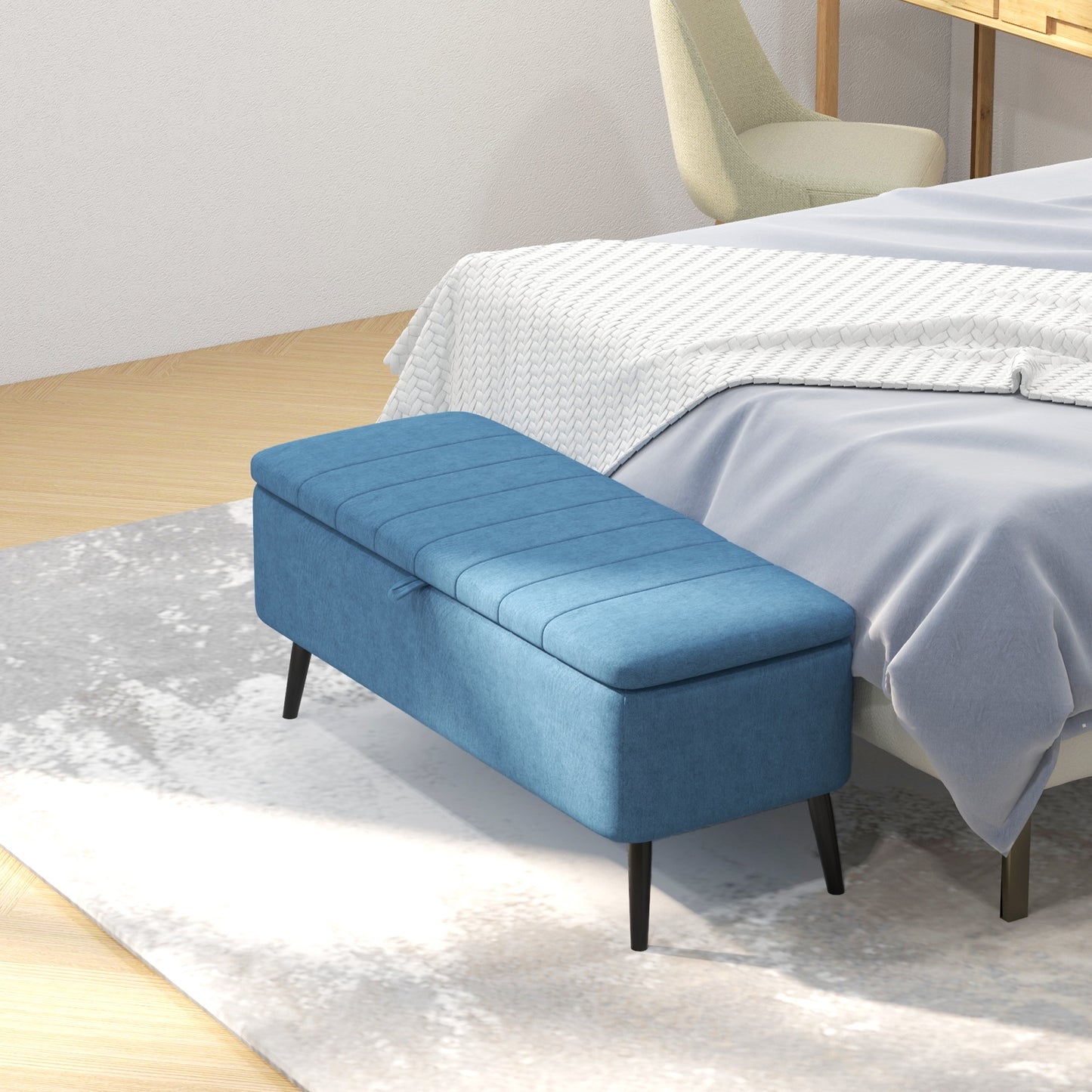 40" Linen Storage Ottoman Bench with Steel Legs, Dark Blue