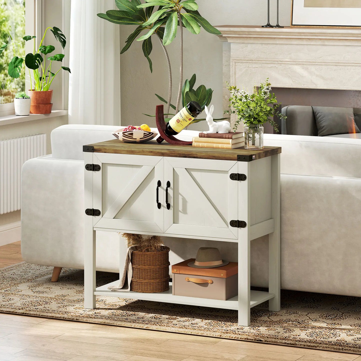 35" Farmhouse Storage Cabinet with Barn Doors and Bottom Shelf, White