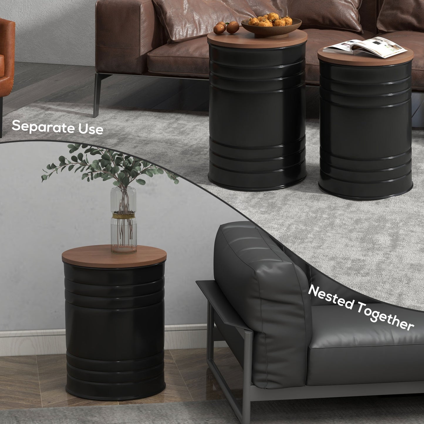 Round Nesting Side Tables with Hidden Storage and Wooden Lids, Black (Set of 2)