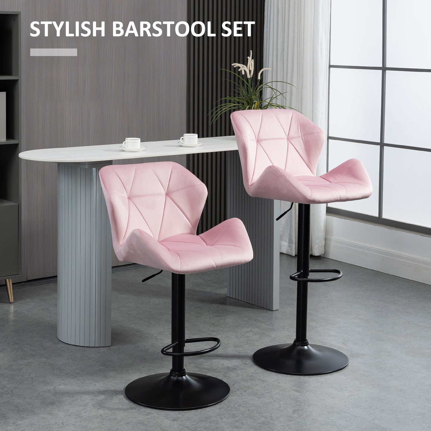 Velvet-Touch Adjustable Height Bar Stools with Diamond Tufting, Pink (Set of 2)