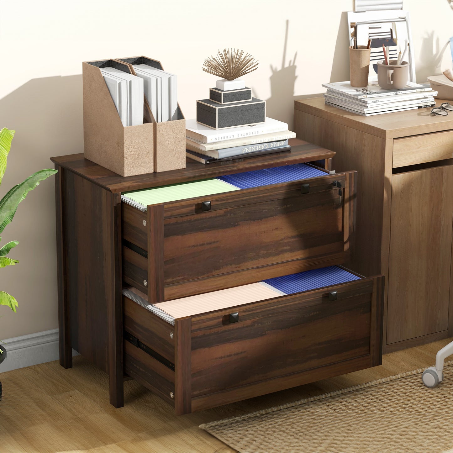 2-Drawer Wooden File Cabinet with Lock - Brown