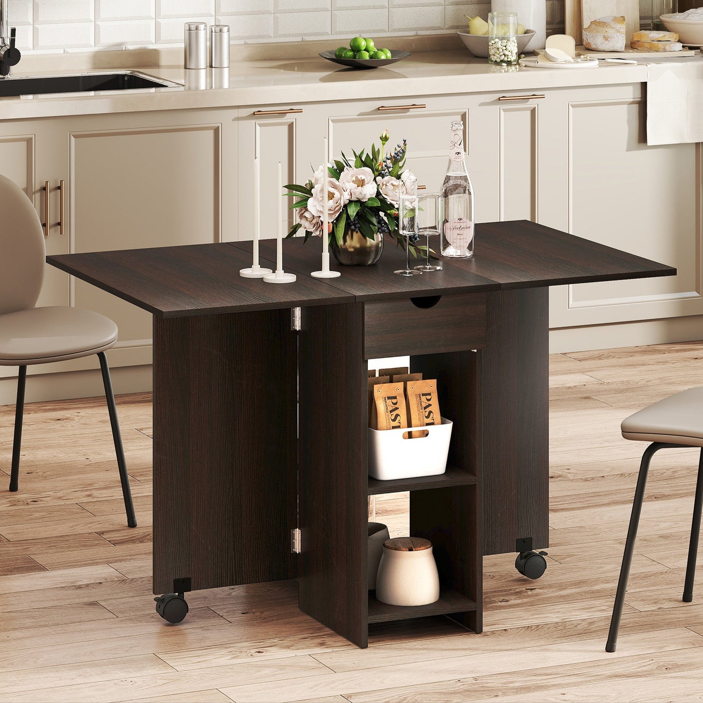 Folding Dining Table with Drawer and Storage Shelves - Dark Brown