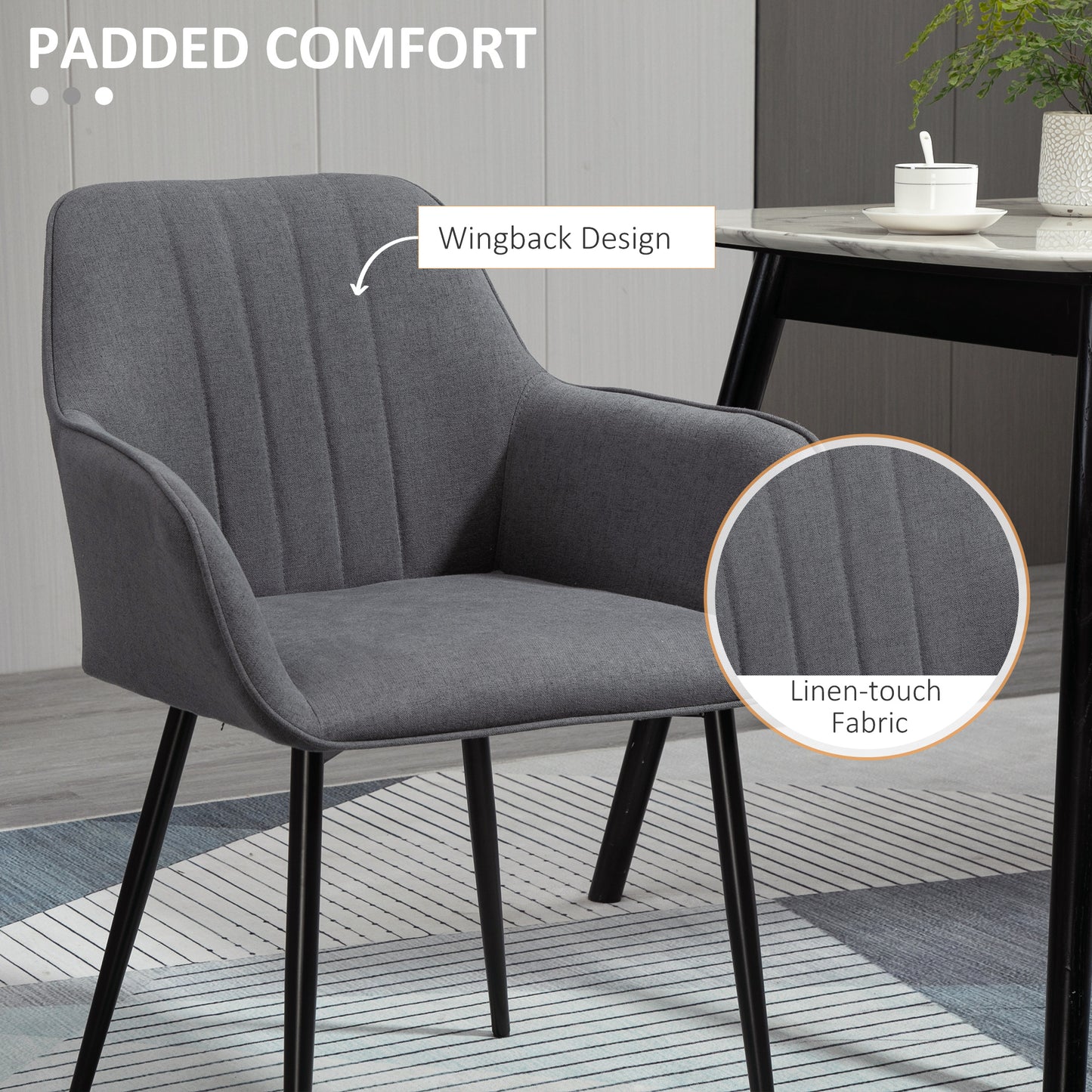 Linen Fabric Armchair Dining Chairs with Metal Legs, Dark Grey (Set of 2)