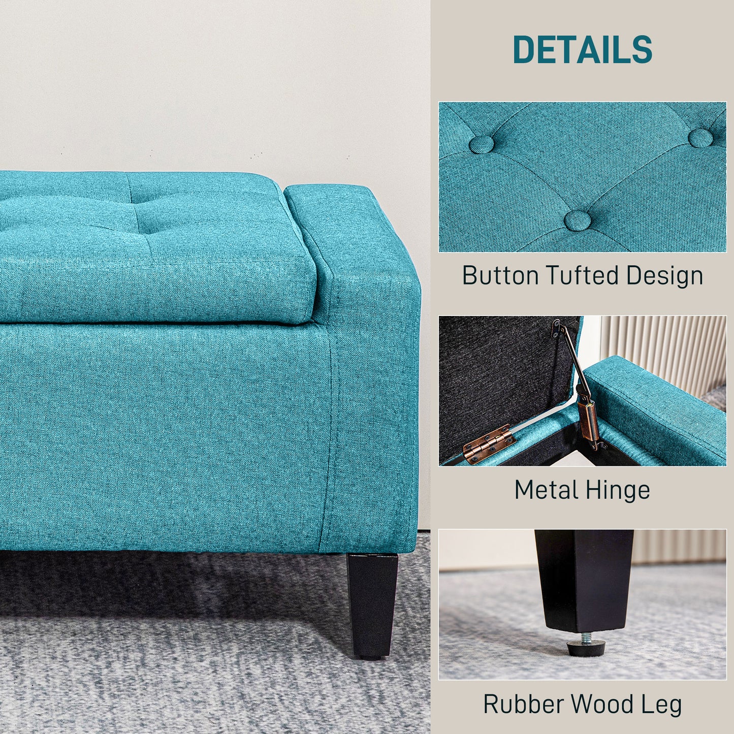 Linen Upholstered Storage Ottoman Bench with Tufted Design, Green