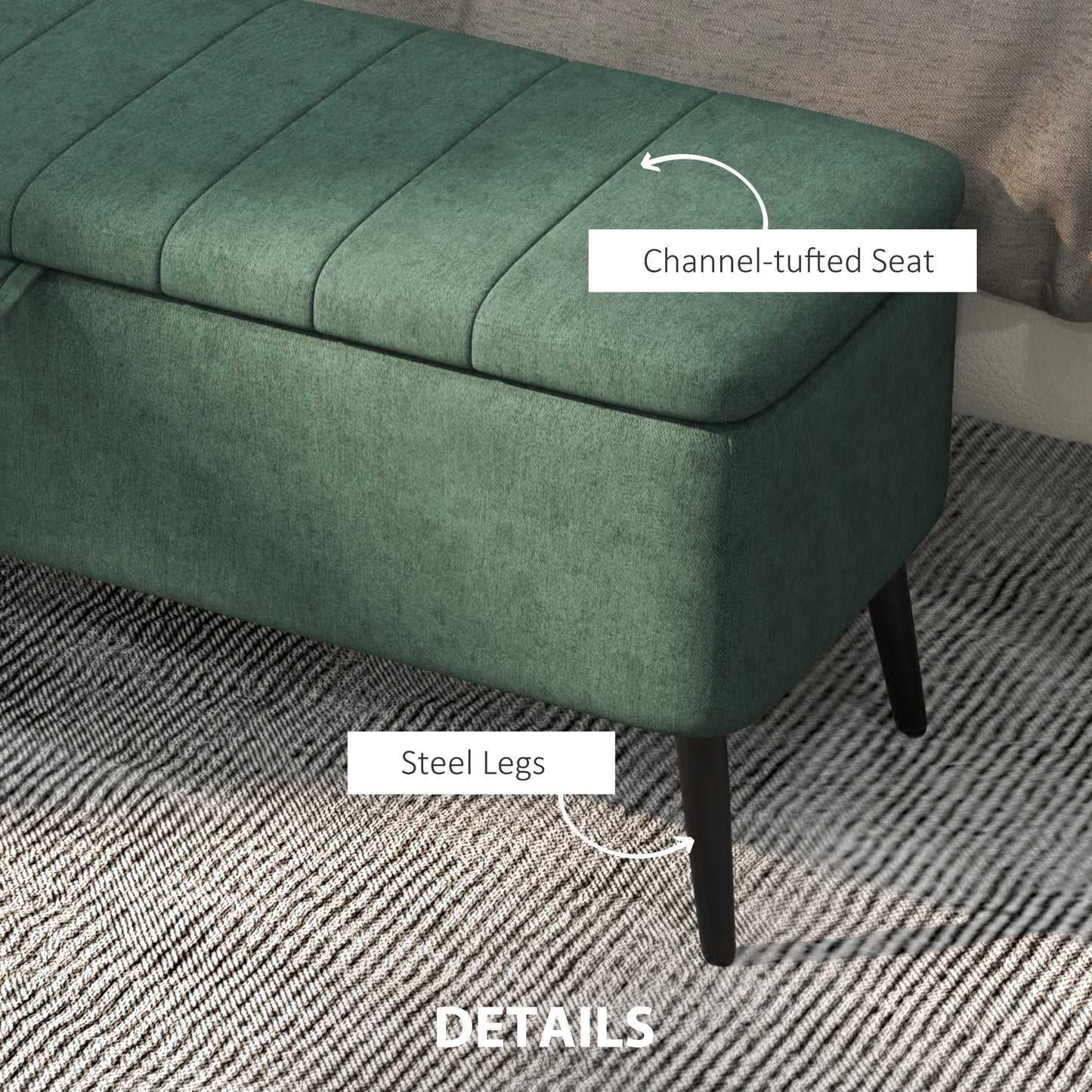 40" Linen Storage Ottoman Bench with Steel Legs, Dark Green