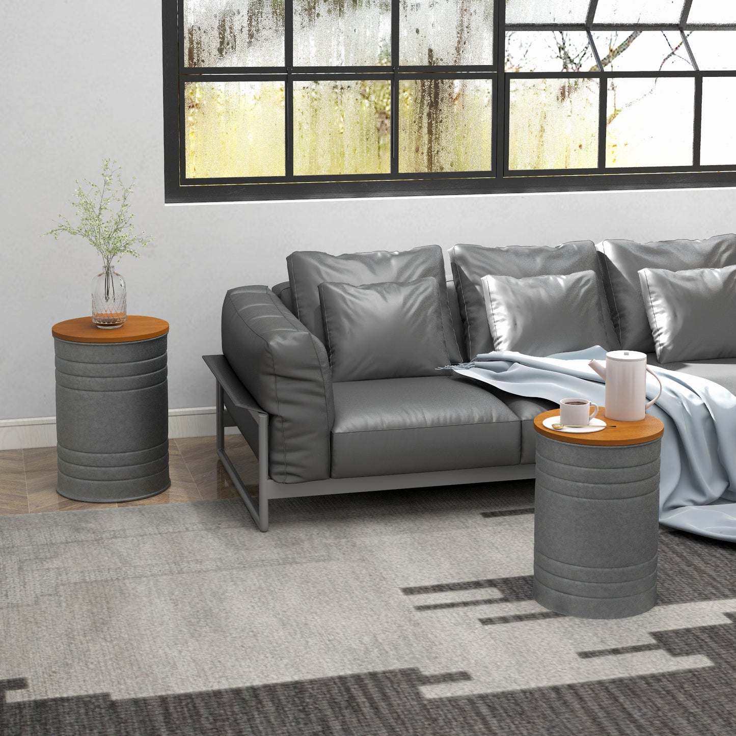 Round Nesting Side Tables with Hidden Storage and Wooden Lids, Gray (Set of 2)