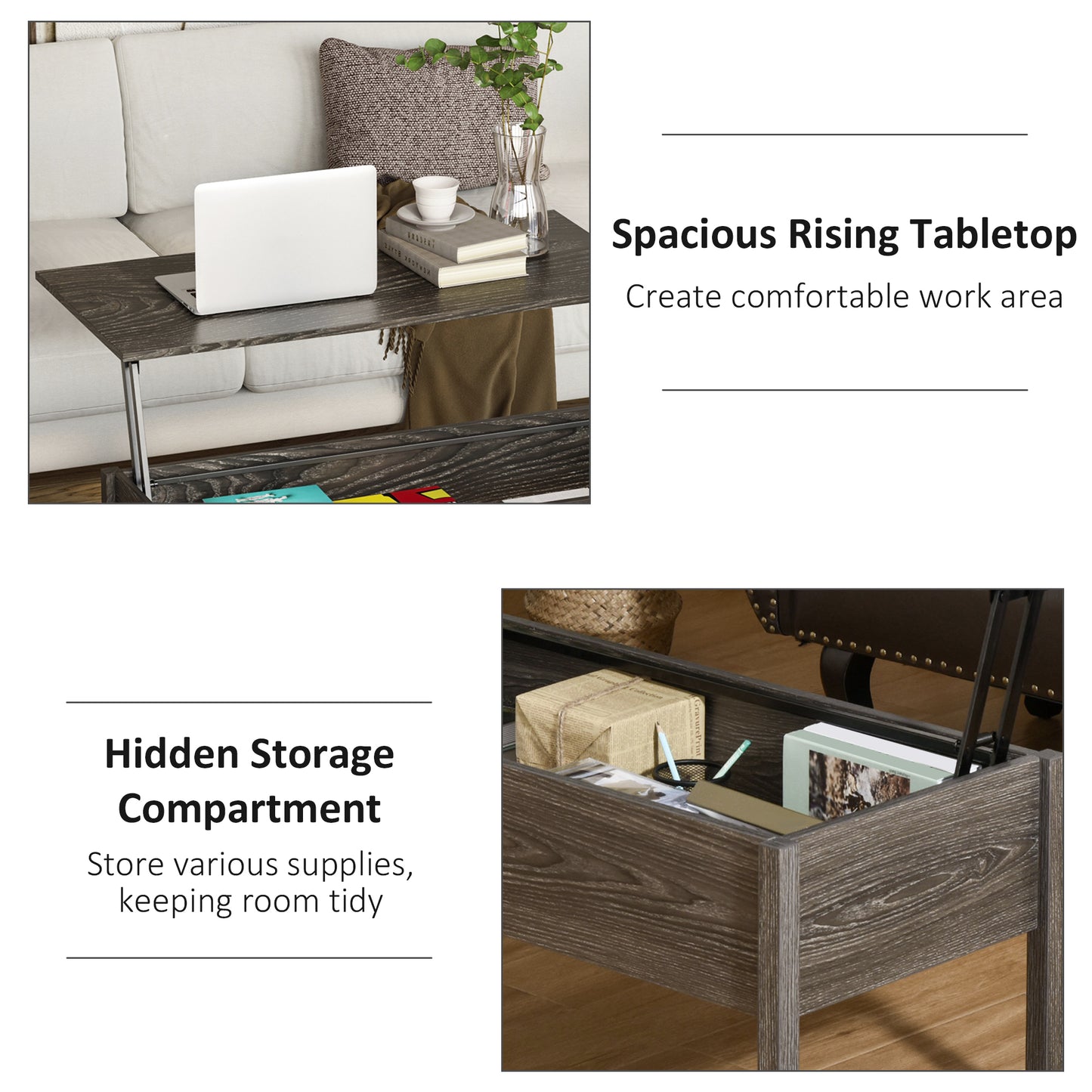 39" Lift Top Coffee Table with Hidden Storage, Gray