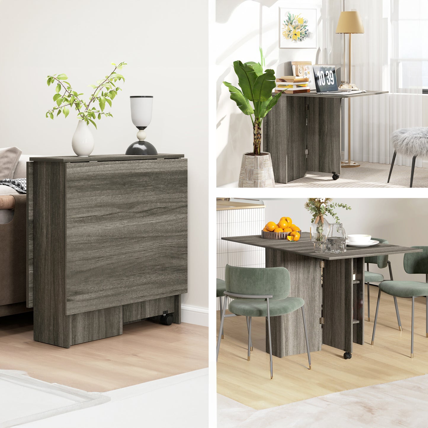 Grey Wood Grain Extendable Dining Table with Shelves