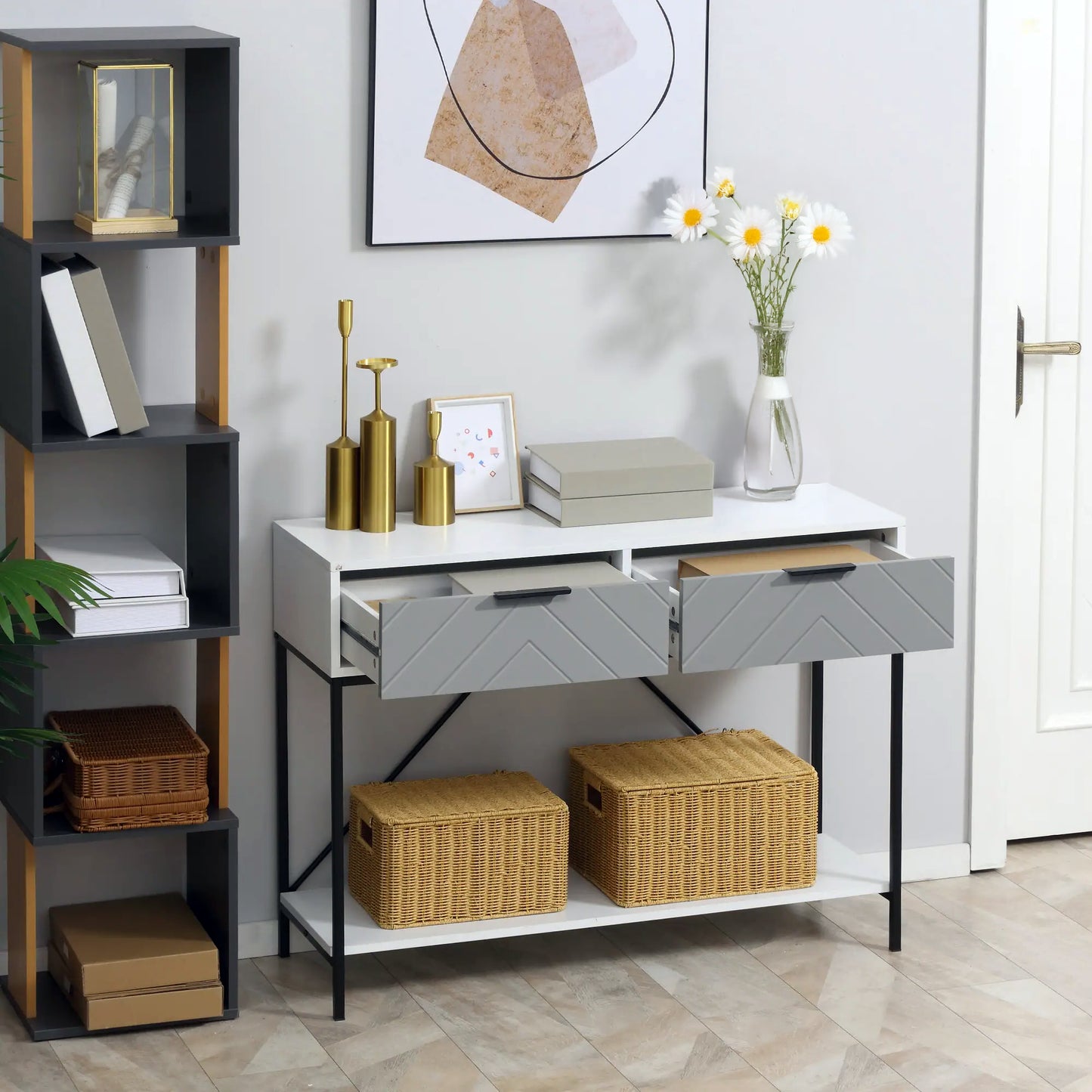 39" Modern Console Table with Herringbone Pattern Drawers, White