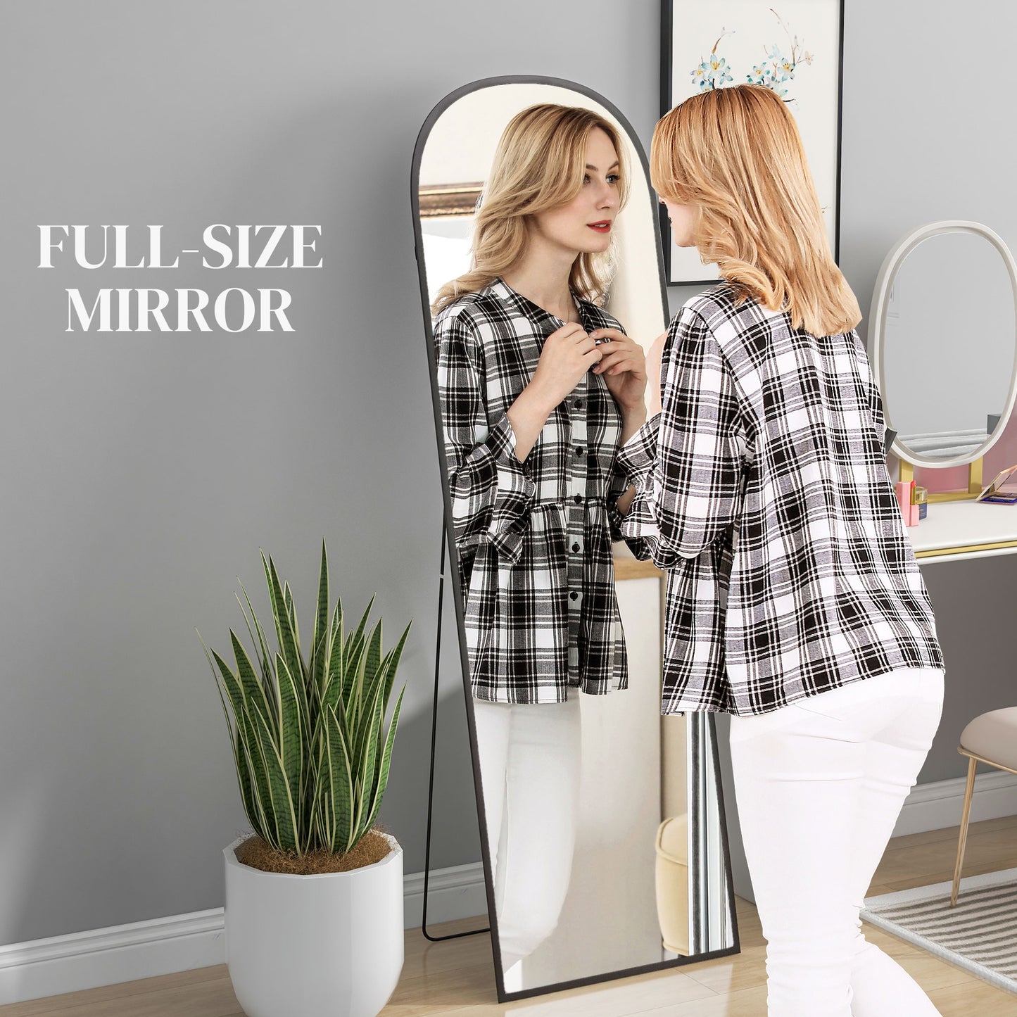 Arched Full Length Mirror with Black Frame, 64" x 20", Versatile Standing or Wall Mount