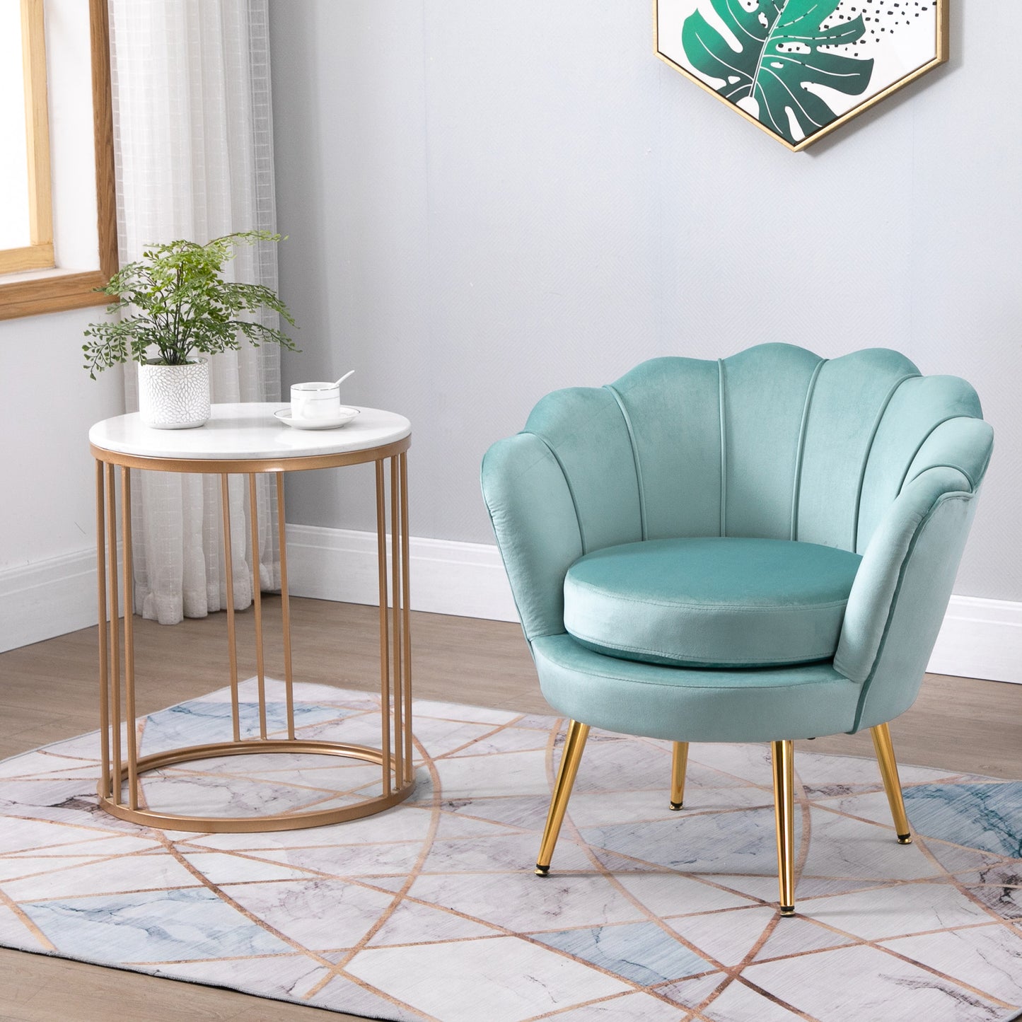 Modern Velvet Accent Chair with Lotus Backrest and Gold Legs, Green