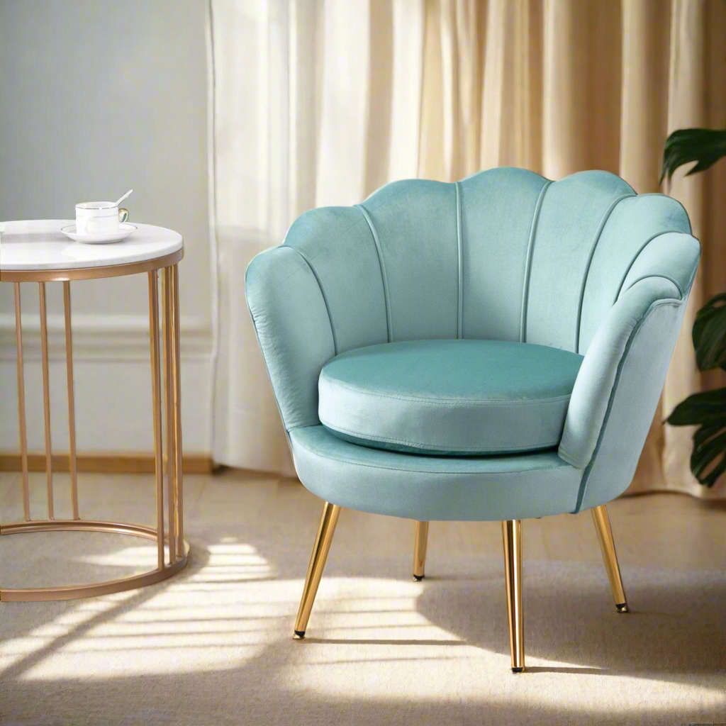 Modern Velvet Accent Chair with Lotus Backrest and Gold Legs, Green