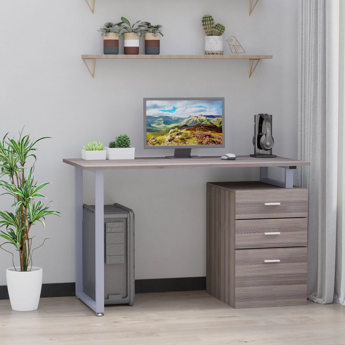 47" Computer Desk with Reversible 3-Drawer Cabinet, Dark Wood Grain