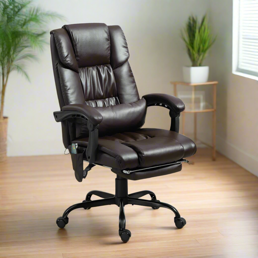 6-Point Massage Office Chair with Adjustable Height and Retractable Footrest, Brown