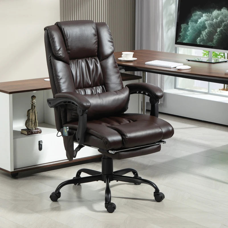 6-Point Massage Office Chair with Adjustable Height and Retractable Footrest, Brown