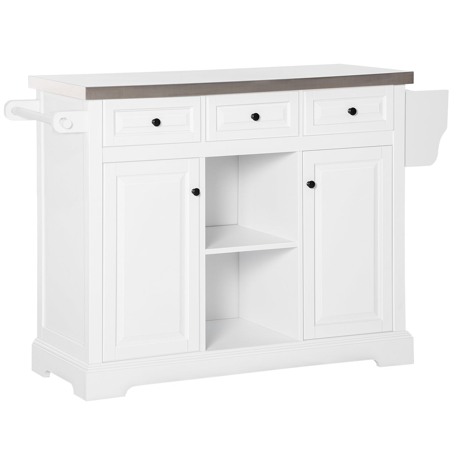 Kitchen Island Cart with Stainless Steel Top, Spice Rack and Storage Drawers, White