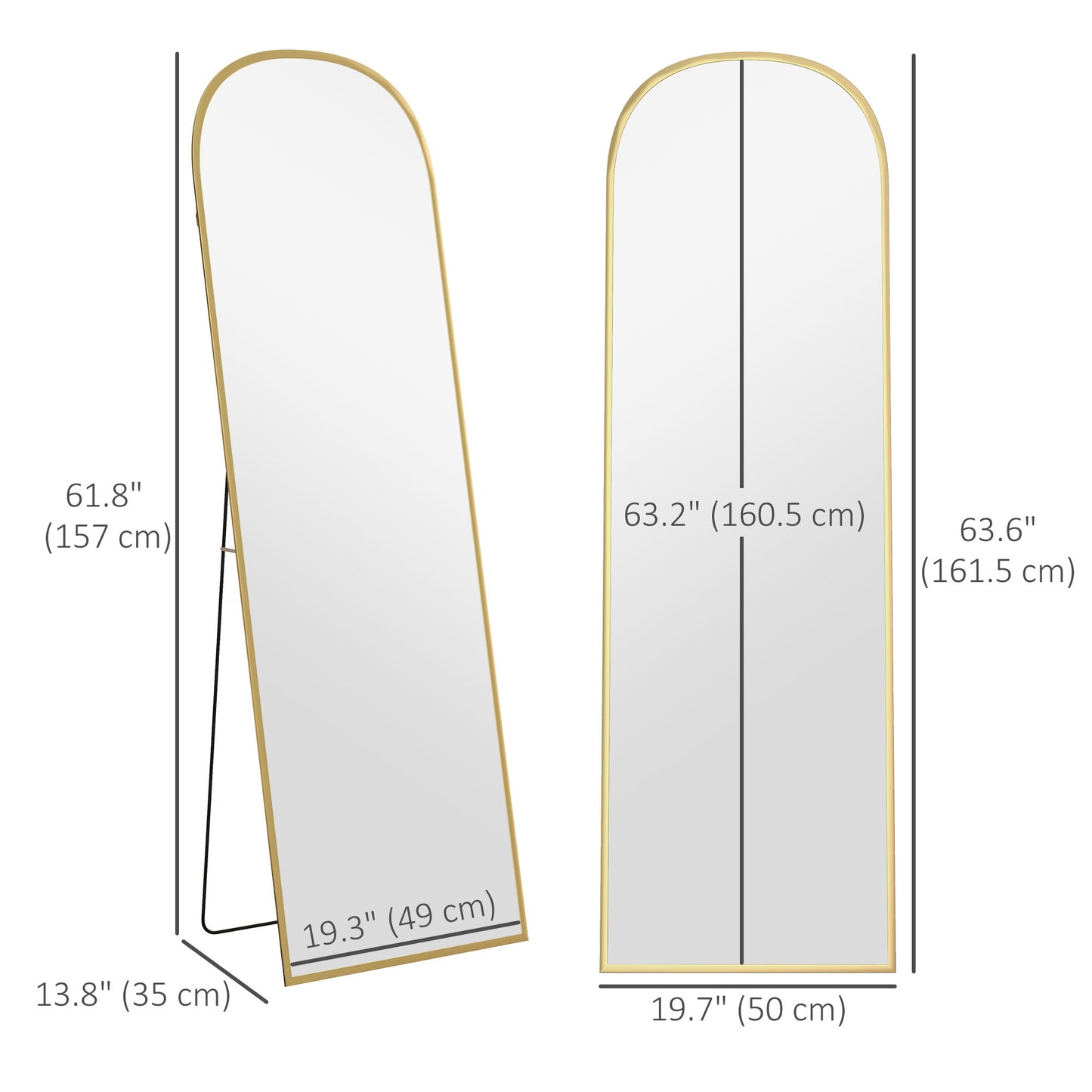 Arched Full Length Mirror with Gold Frame, 64" x 20", Versatile Standing or Wall Mount