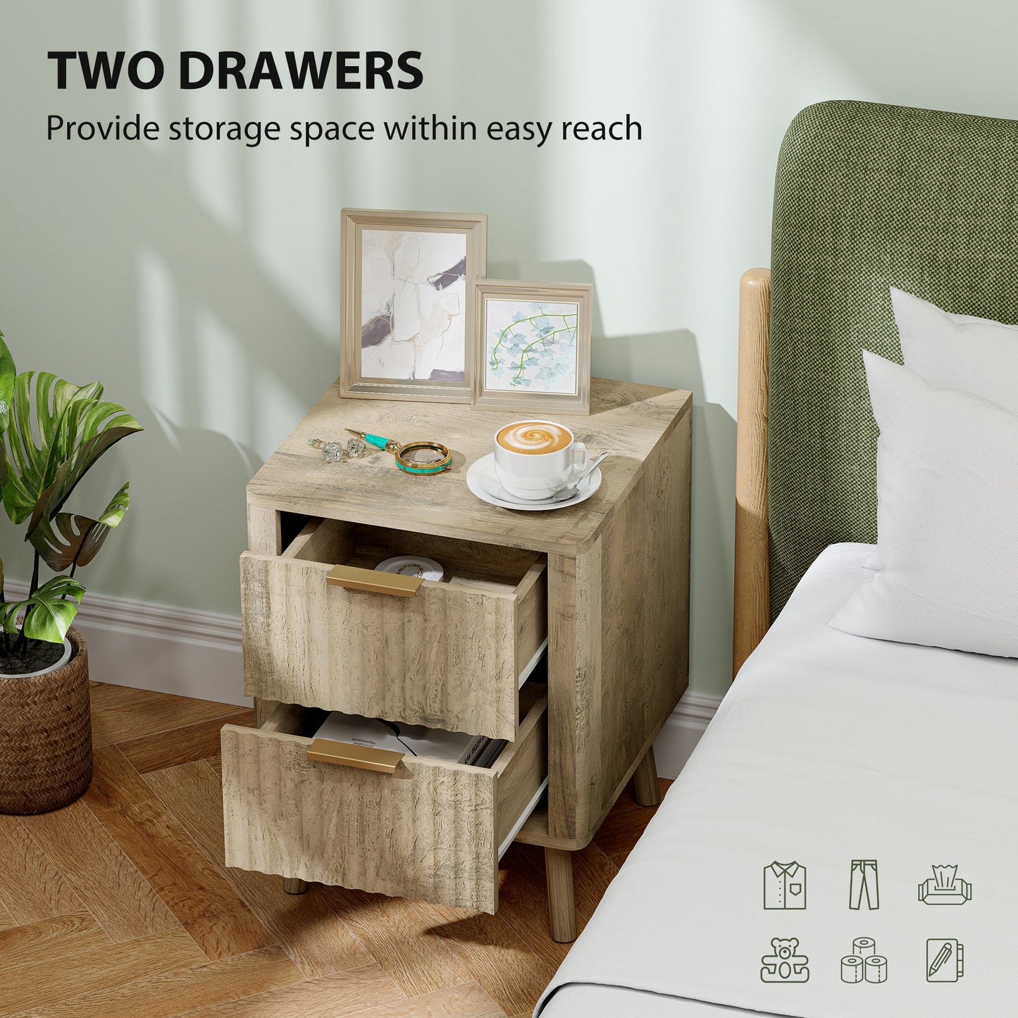 Nightstands with Gold Finger Pulls and Round Edges, Oak (Set of 2)