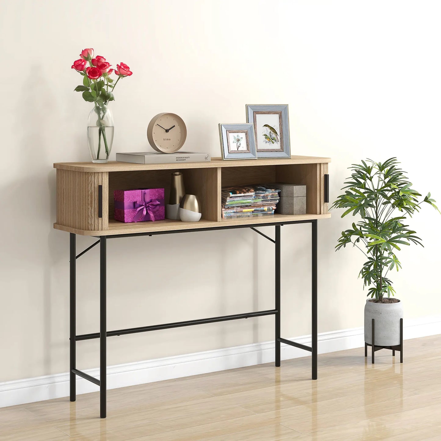 39" Mid-Century Console Table with Sliding Tambour Doors, Oak and Black