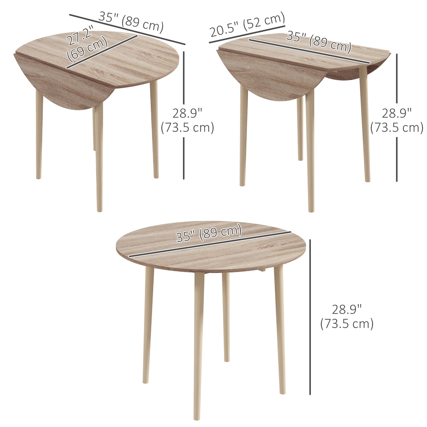 Oak Round Folding Dining Table with Drop Leaf for Small Spaces