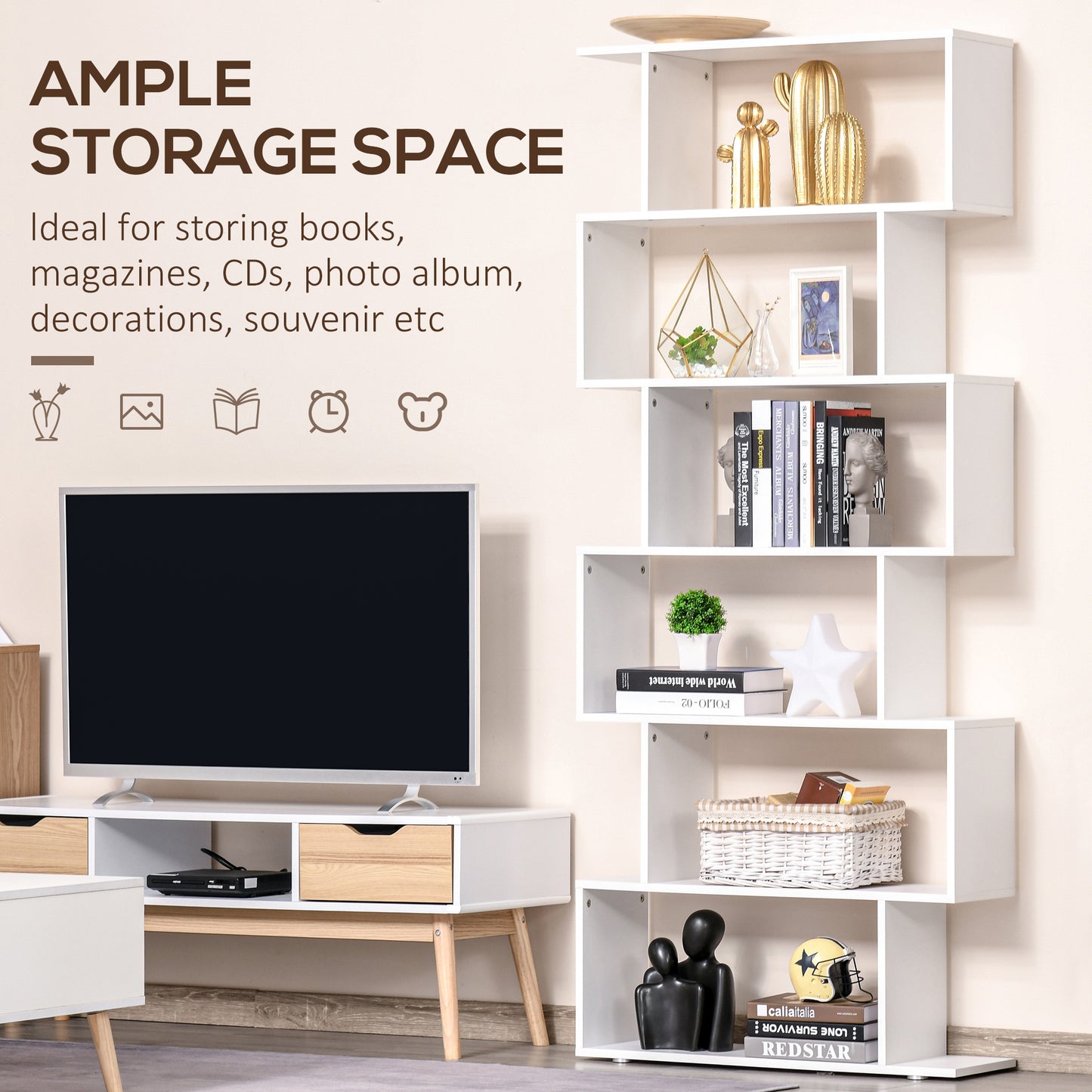 6-Tier Z-Shaped Geometric Bookcase, White