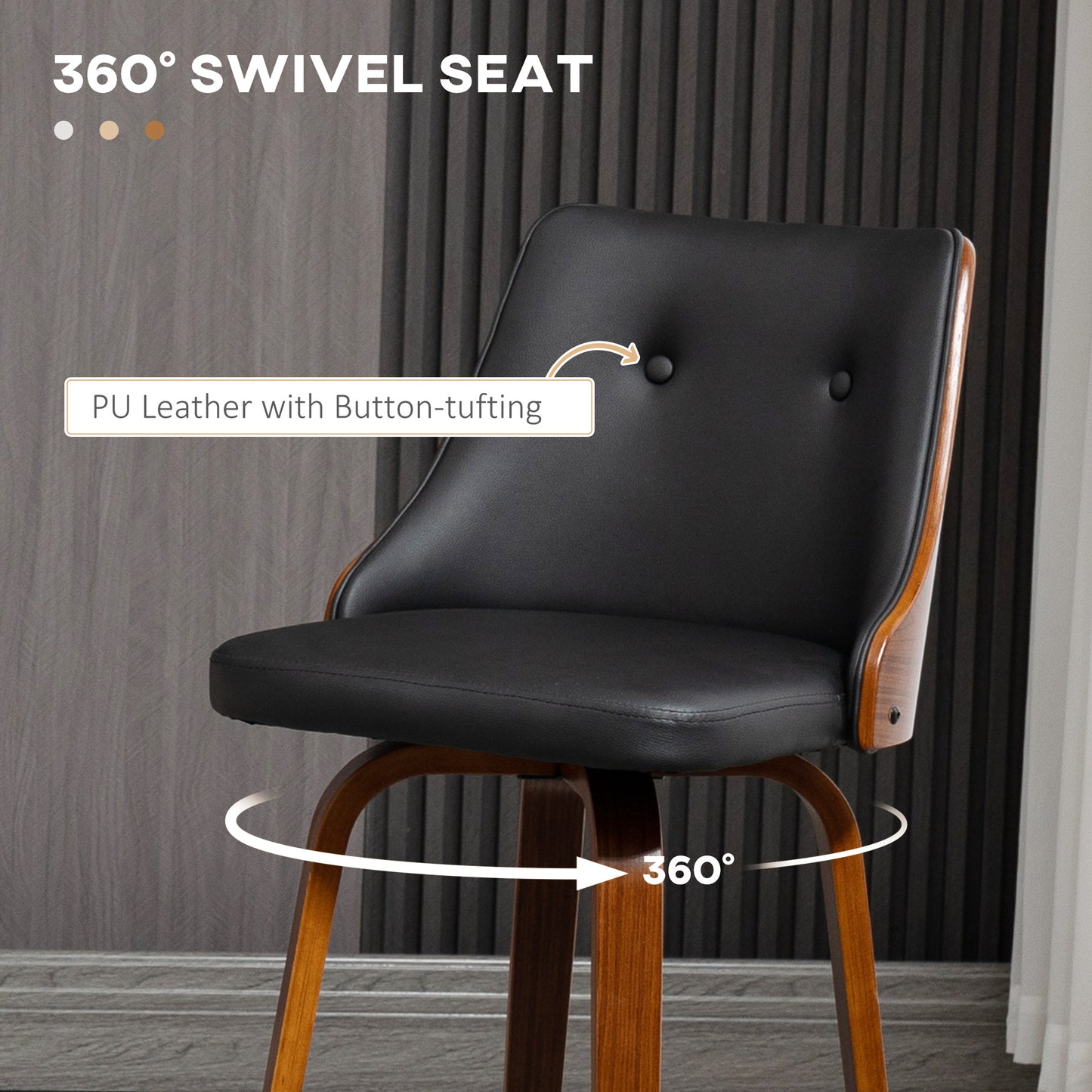 Swivel Bar Stools with Tufted PU Leather and Wood Legs, Black (Set of 2)