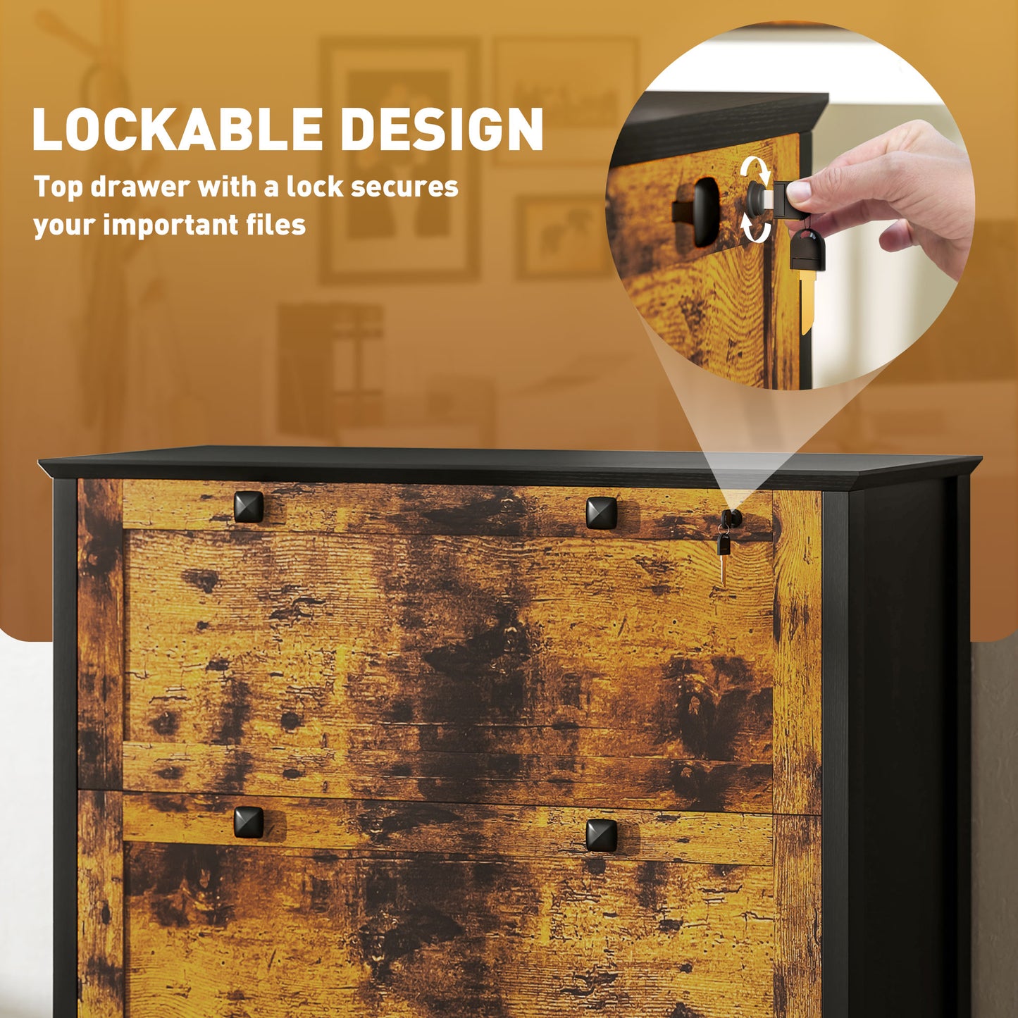 2-Drawer Wooden File Cabinet with Lock - Rustic Brown