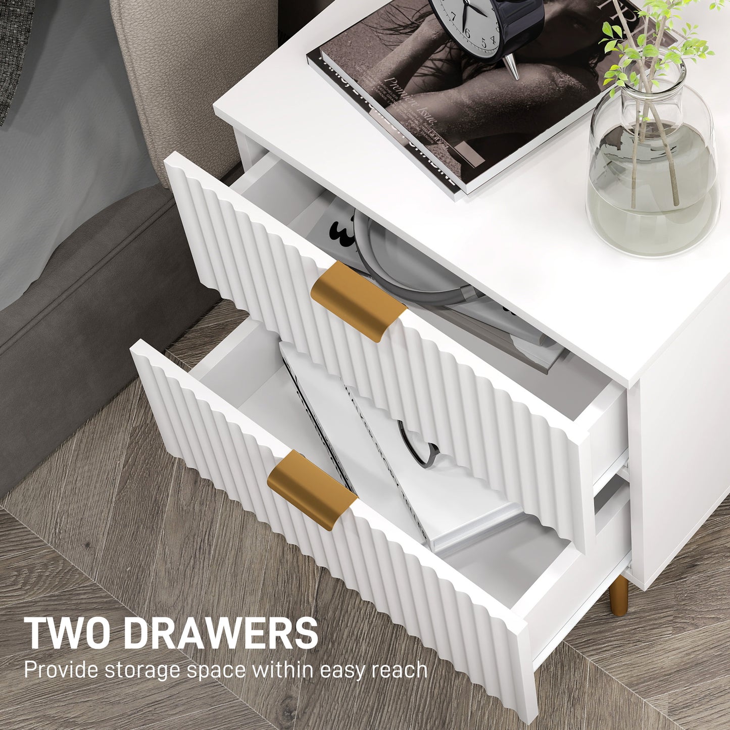 Modern Nightstand with Gold Finger Pulls and Fluted Drawers, White