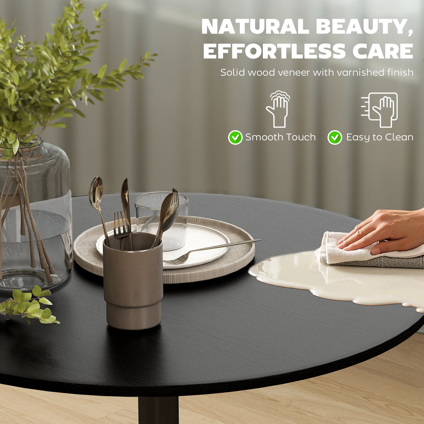 27" Round Dining Table with Wood Veneer and Steel Pedestal Base, Black