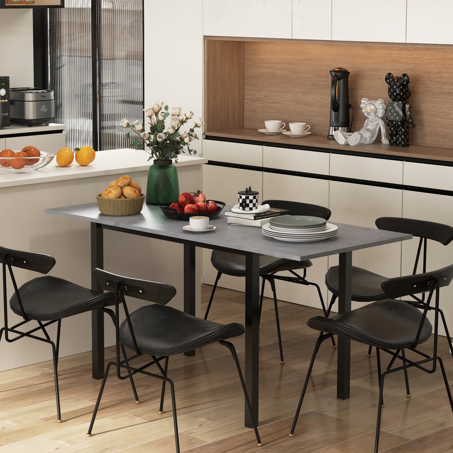 Dark Grey Extendable Dining Table for 6 with Drop Leaf