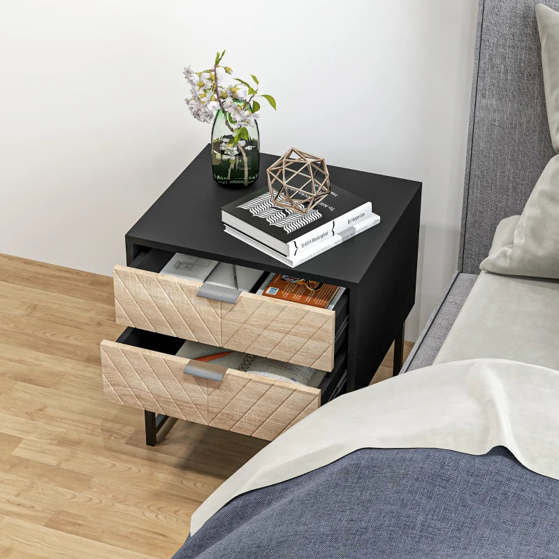Modern Herringbone Nightstand with Steel Frame, Black and Oak