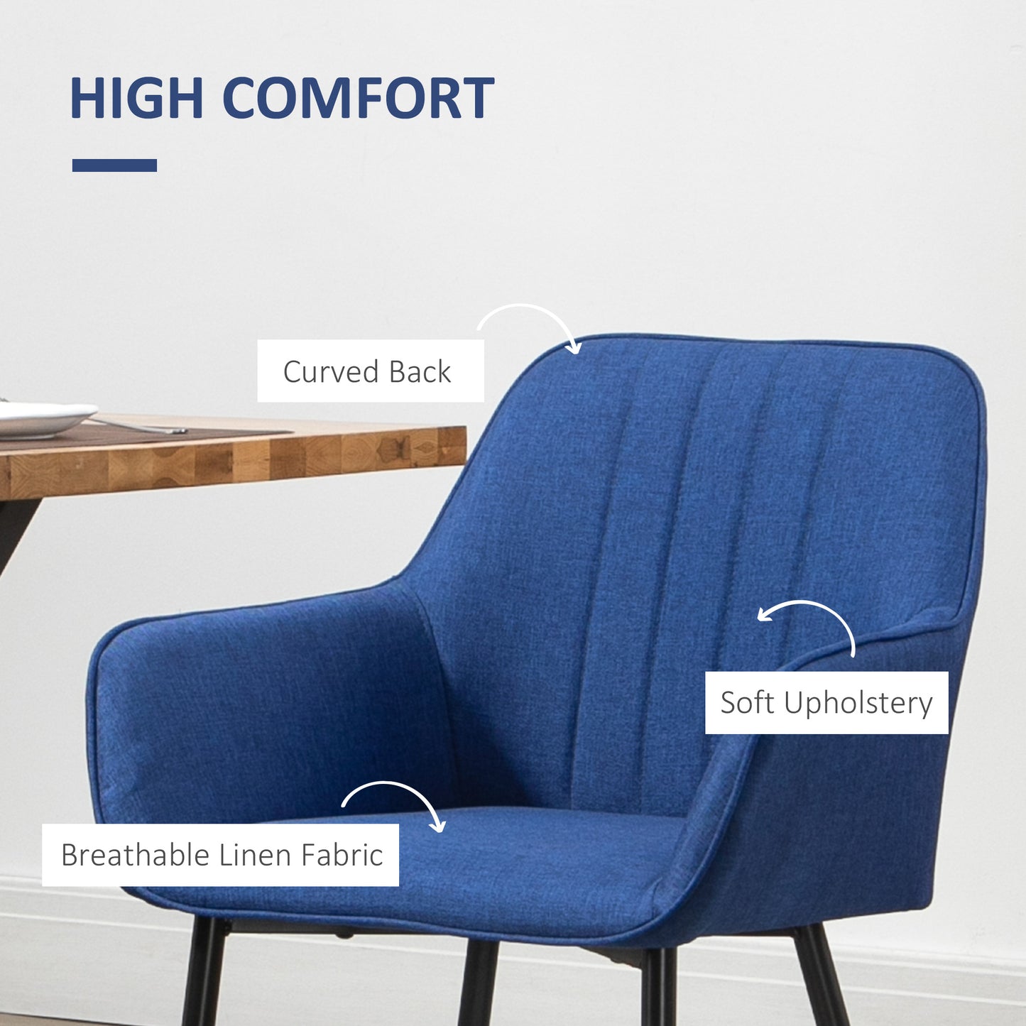 Linen Fabric Dining Chairs with Metal Legs, Dark Blue (Set of 2)
