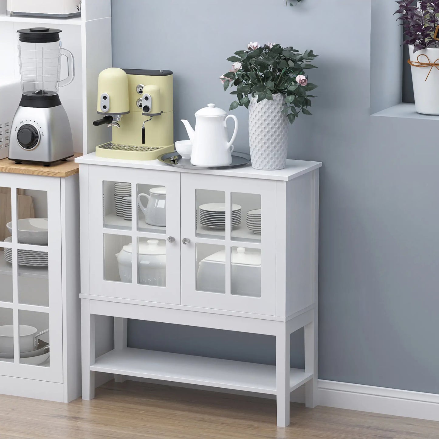 31" Modern Sideboard with Glass Doors and Adjustable Shelving, White