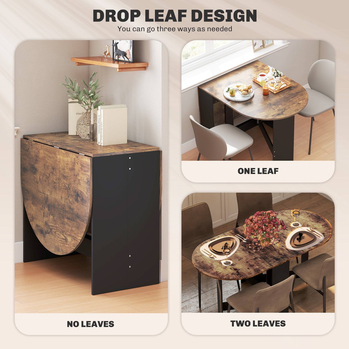 Oval Drop Leaf Dining Table with Space-Saving Design for Up to 6 People, Rustic Brown