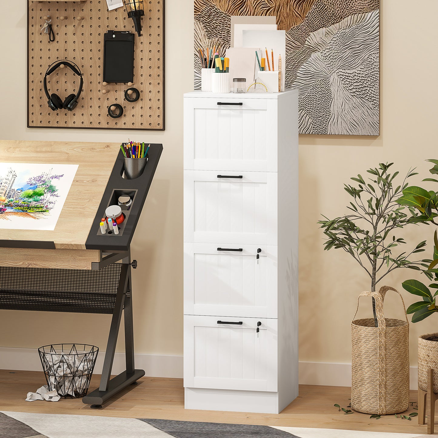 4-Drawer Locking File Cabinet with Adjustable Hanging Bars - White