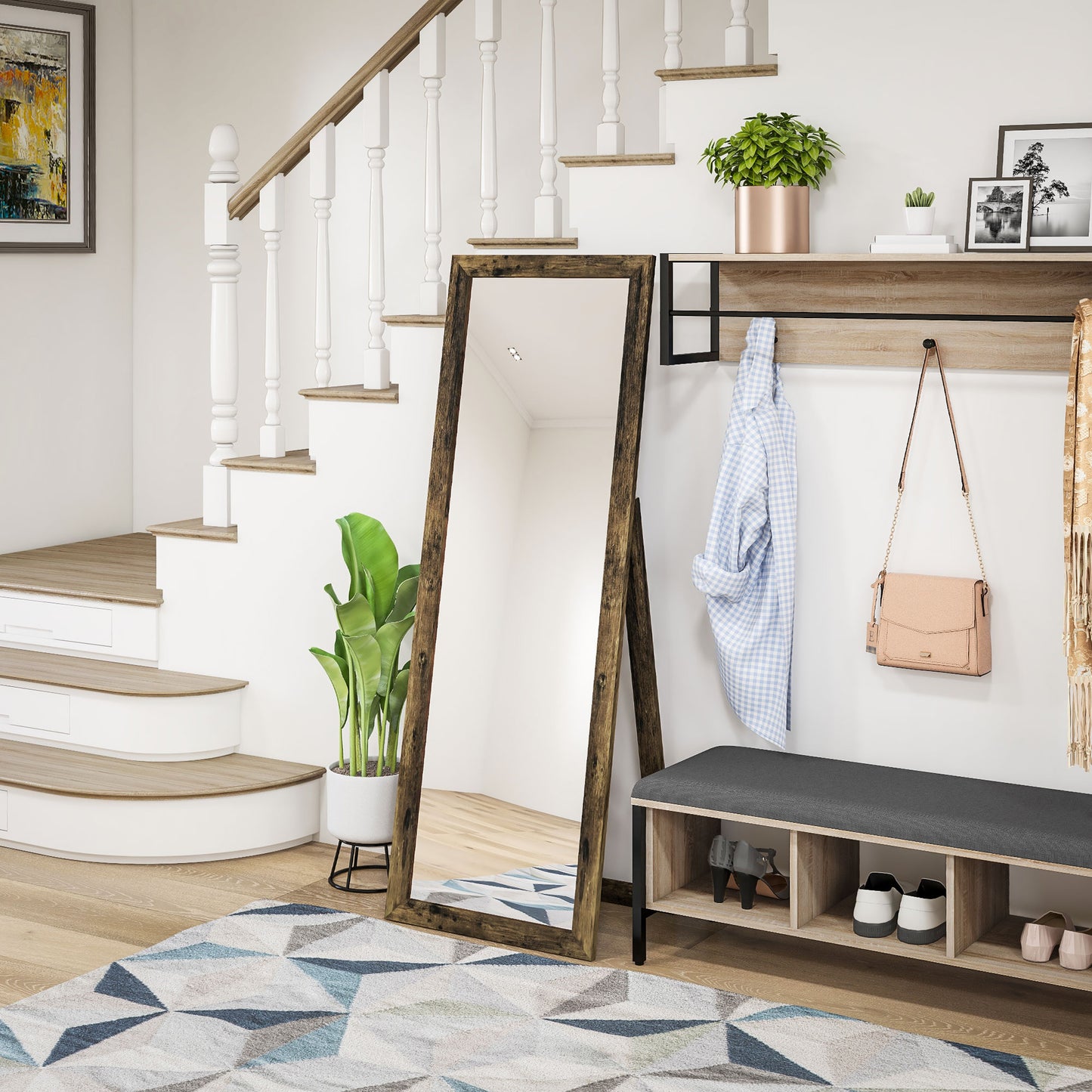 Full Length Floor Standing Mirror with Rustic Brown Frame, 58" x 20"