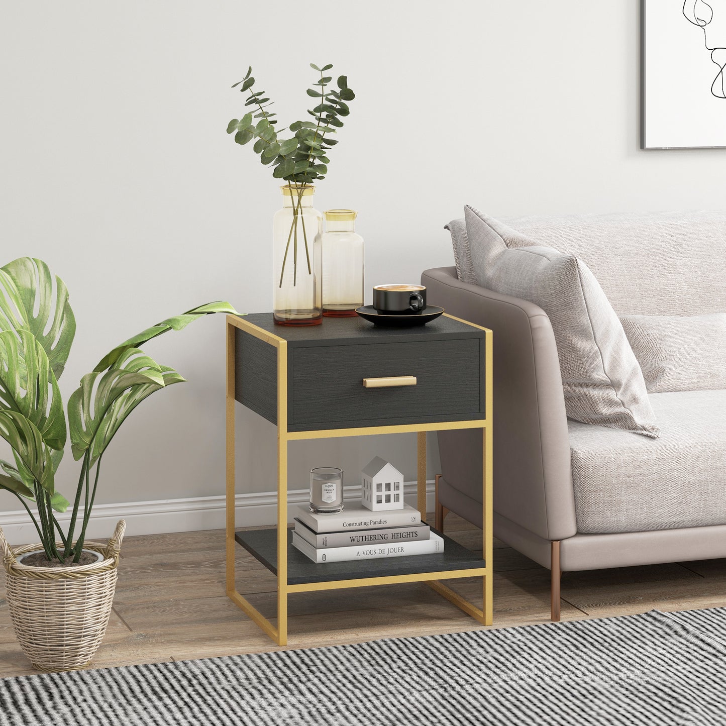 Modern Nightstands with Gold Steel Frame and Drawer, Black (Set of 2)