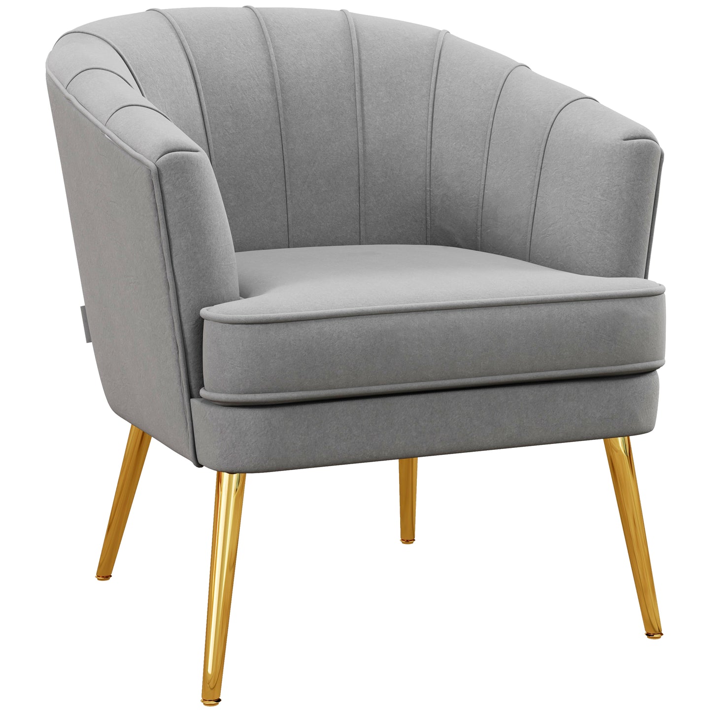 Channel-Tufted Tub Armchair with Velvet Upholstery and Gold Legs, Grey