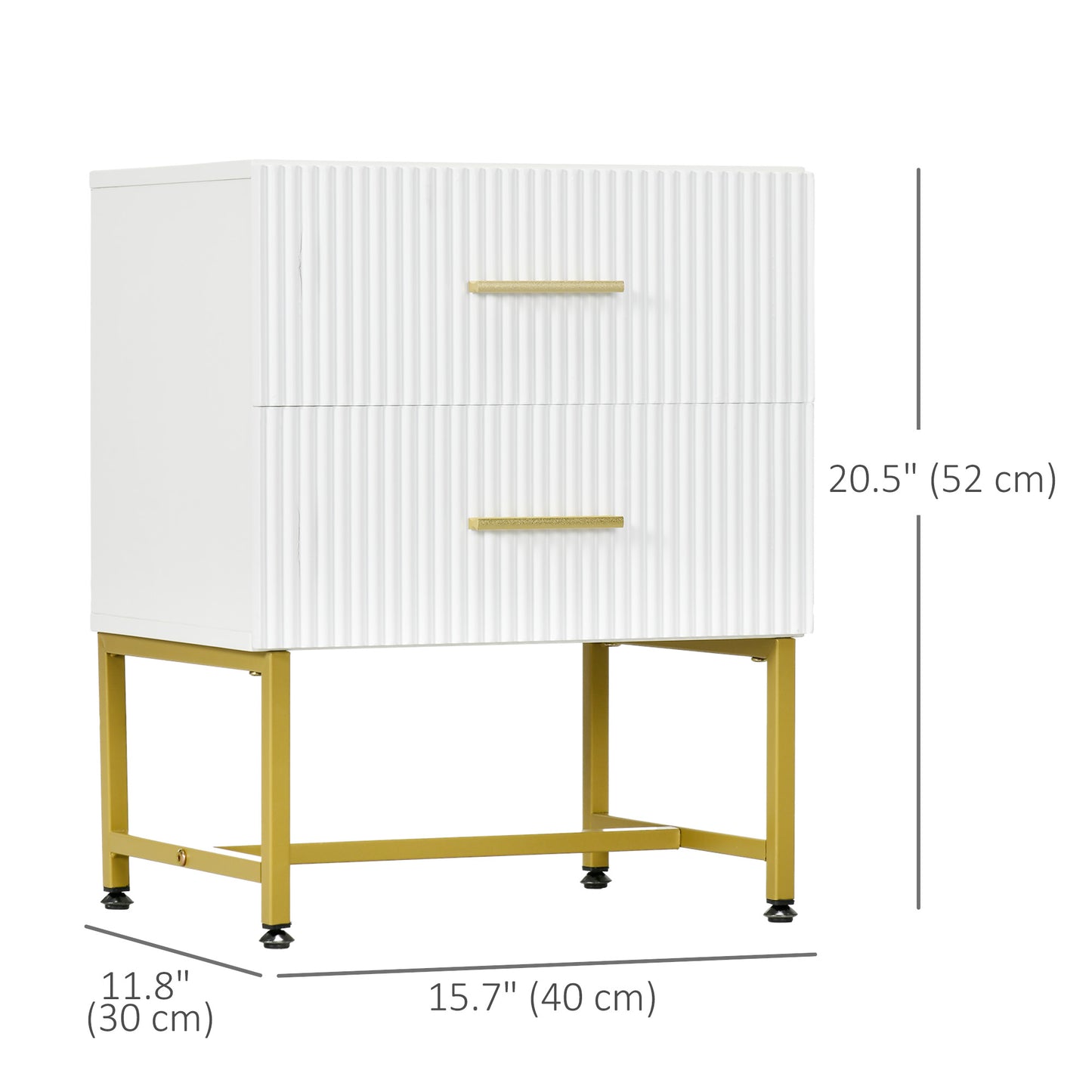 Modern Fluted Nightstands with Gold Legs and 2 Drawers, White (Set of 2)