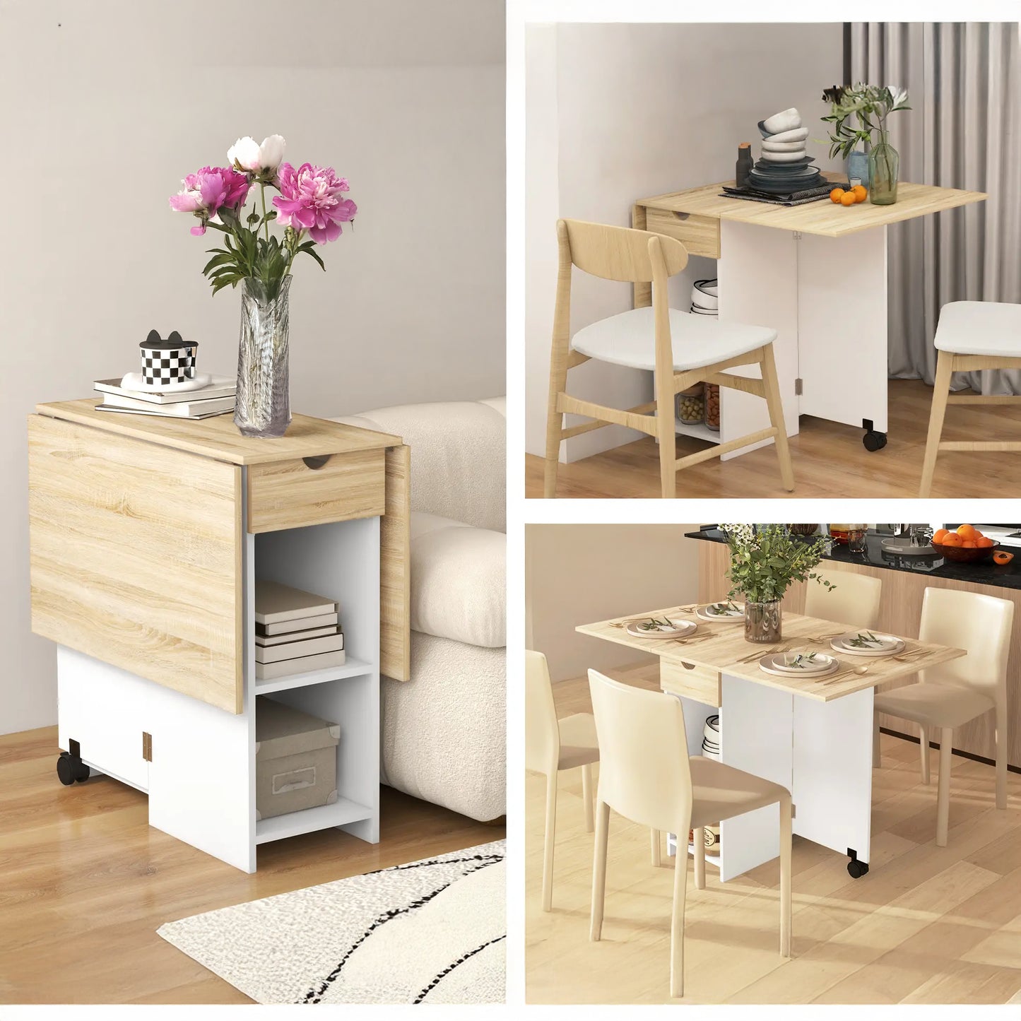 Folding Dining Table with Drawer and Storage Shelves - Oak