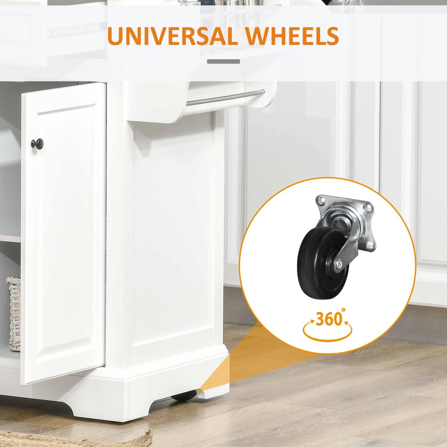 Kitchen Island Cart with Stainless Steel Top, Spice Rack and Storage Drawers, White