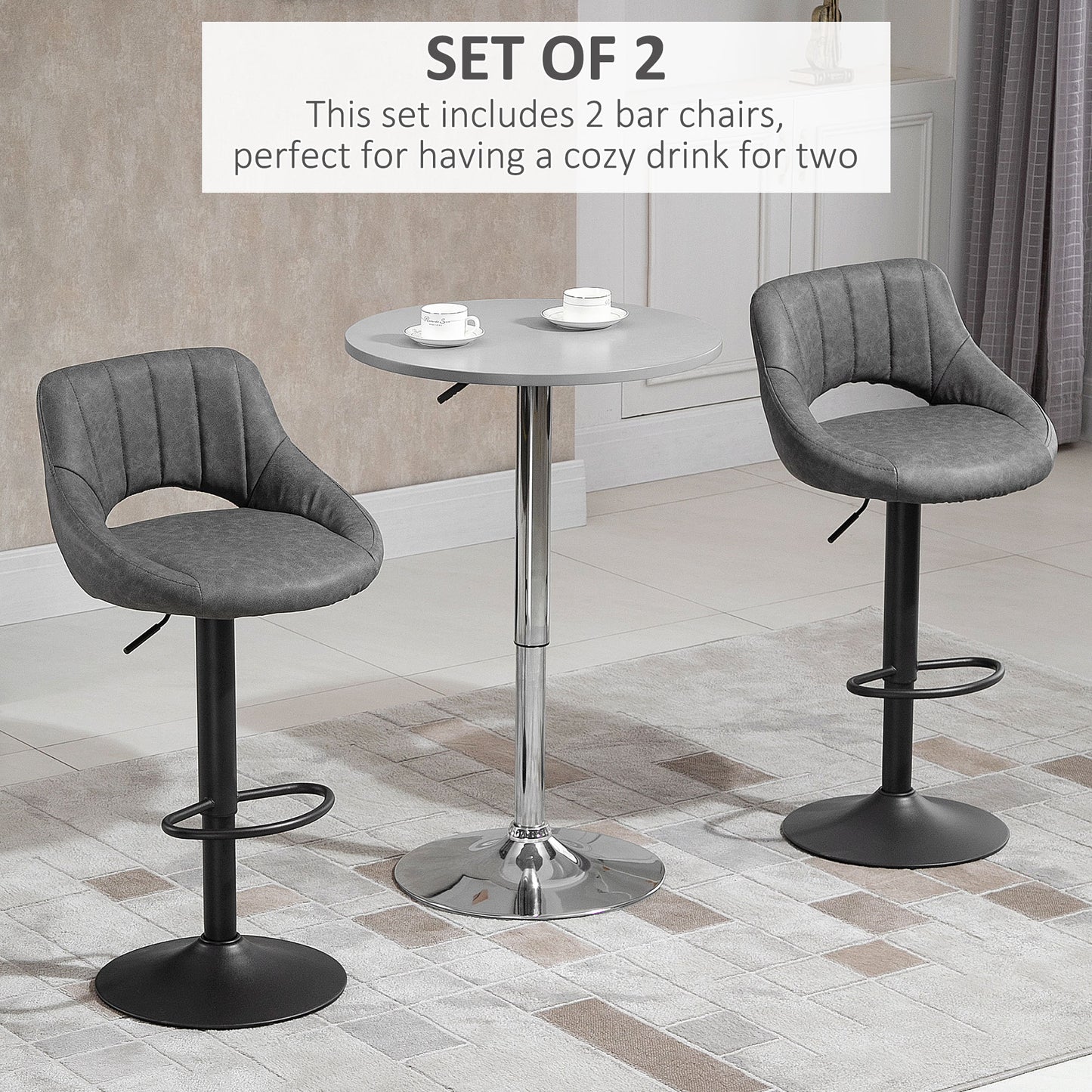 Adjustable Height Swivel Bar Stools with Faux Leather Upholstery, Grey (Set of 2)